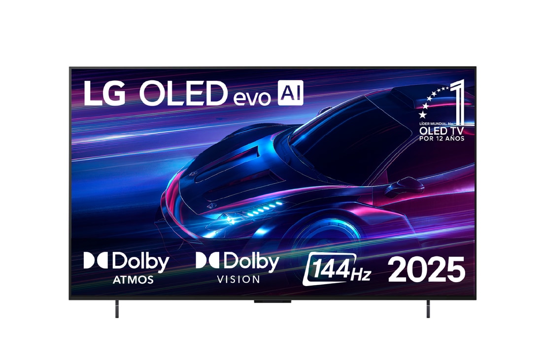 Vista de frente de la Smart TV LG OLED evo AI C5 4K. El emblema “OLED, número 1 del mundo durante 12 años” y el logotipo de LG OLED evo AI 2025 aparecen en la pantalla.